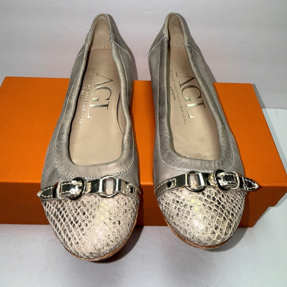 AGL Attilio Giusti Leombruni Metallic Snakeskin Cap Toe Ballet Flats N558034 US6